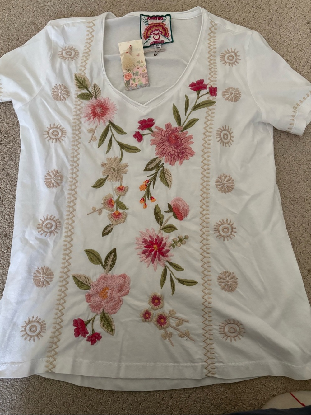 Johnny Was- Della. Embroidered Floral V-Neck Tee